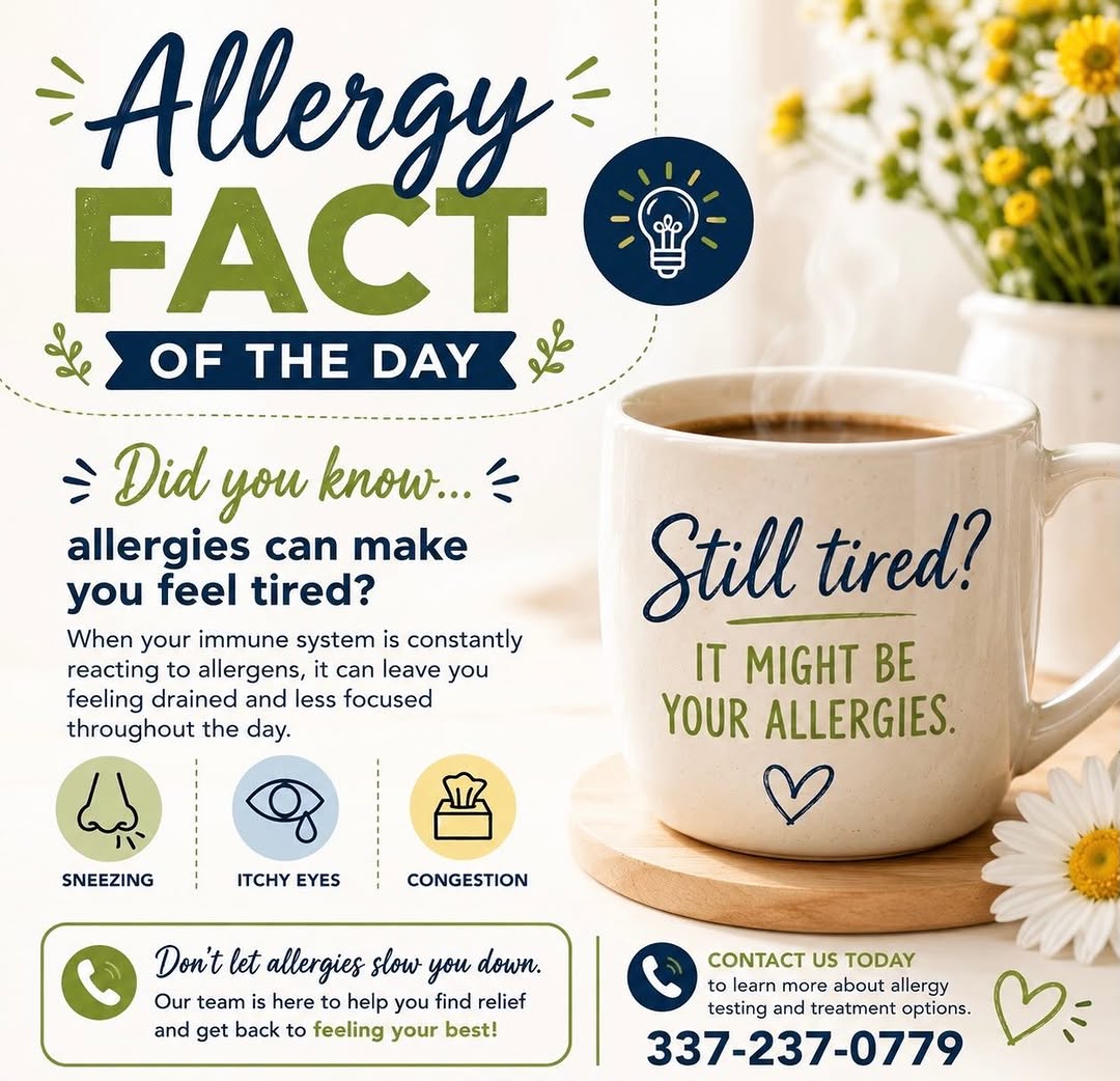 Instagram post by Dr. Ryan Chastant: 🌼 Allergy Fact of the Day 🌼 Did you know allergies can make you feel tired? Many people associate allergies with sneezing, congestion, and…