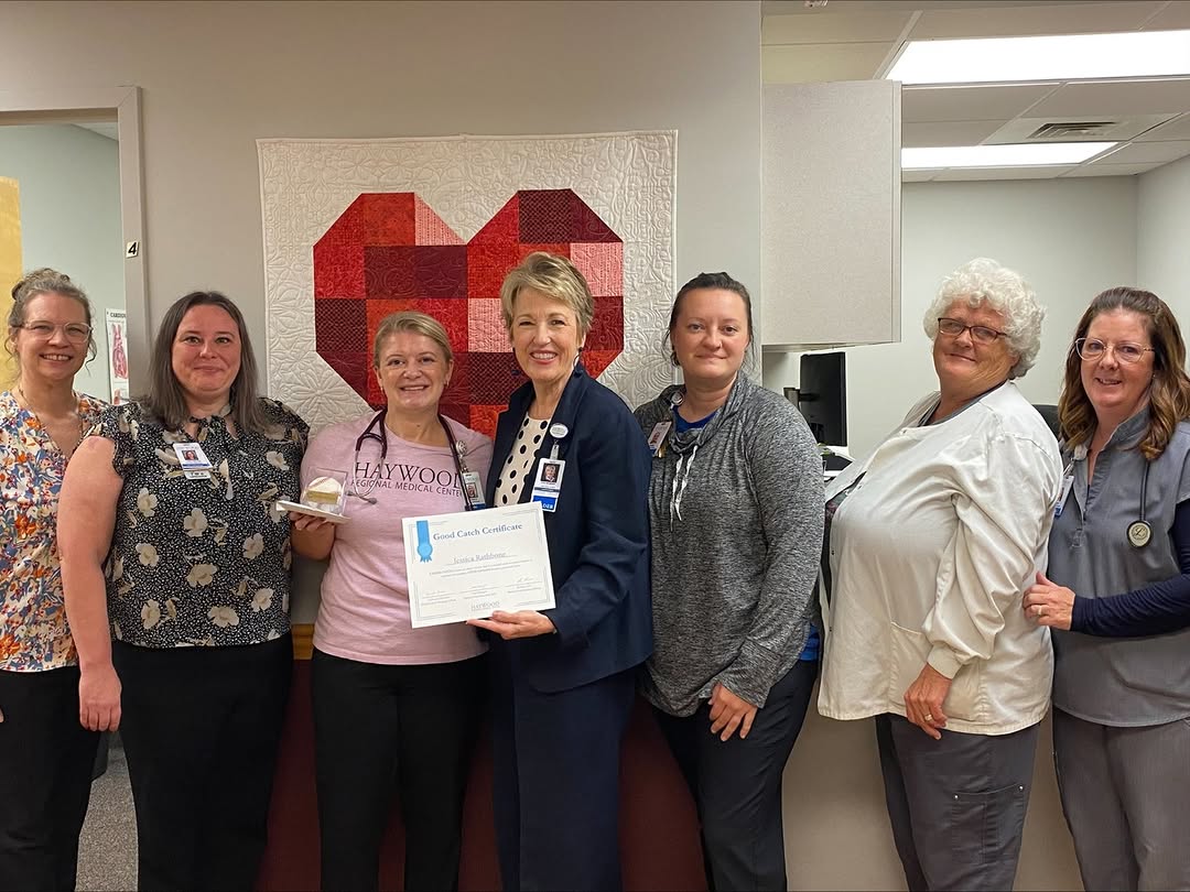 Instagram post by Dr. Ryan Marshall, DO: Congratulations to Jessica Rathbone with Haywood Regional Medical Center’s Cardiology team on receiving a Good Catch Award! 💙 Jessica was r…