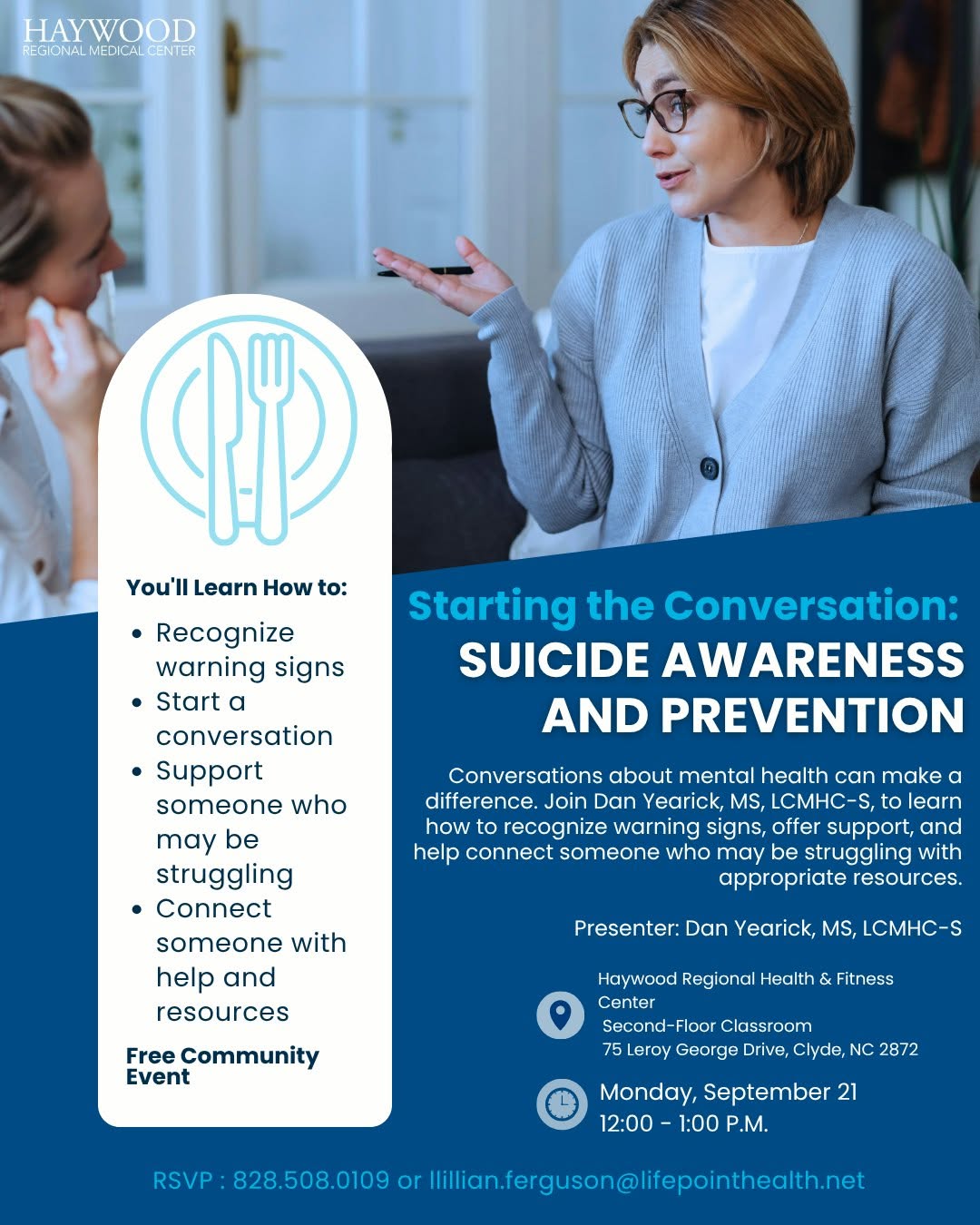 Instagram post by Dr. Ryan Marshall, DO: A conversation can be an important first step in helping someone who may be struggling. Our September Lunch and Learn with Dan Yearick, MS, …