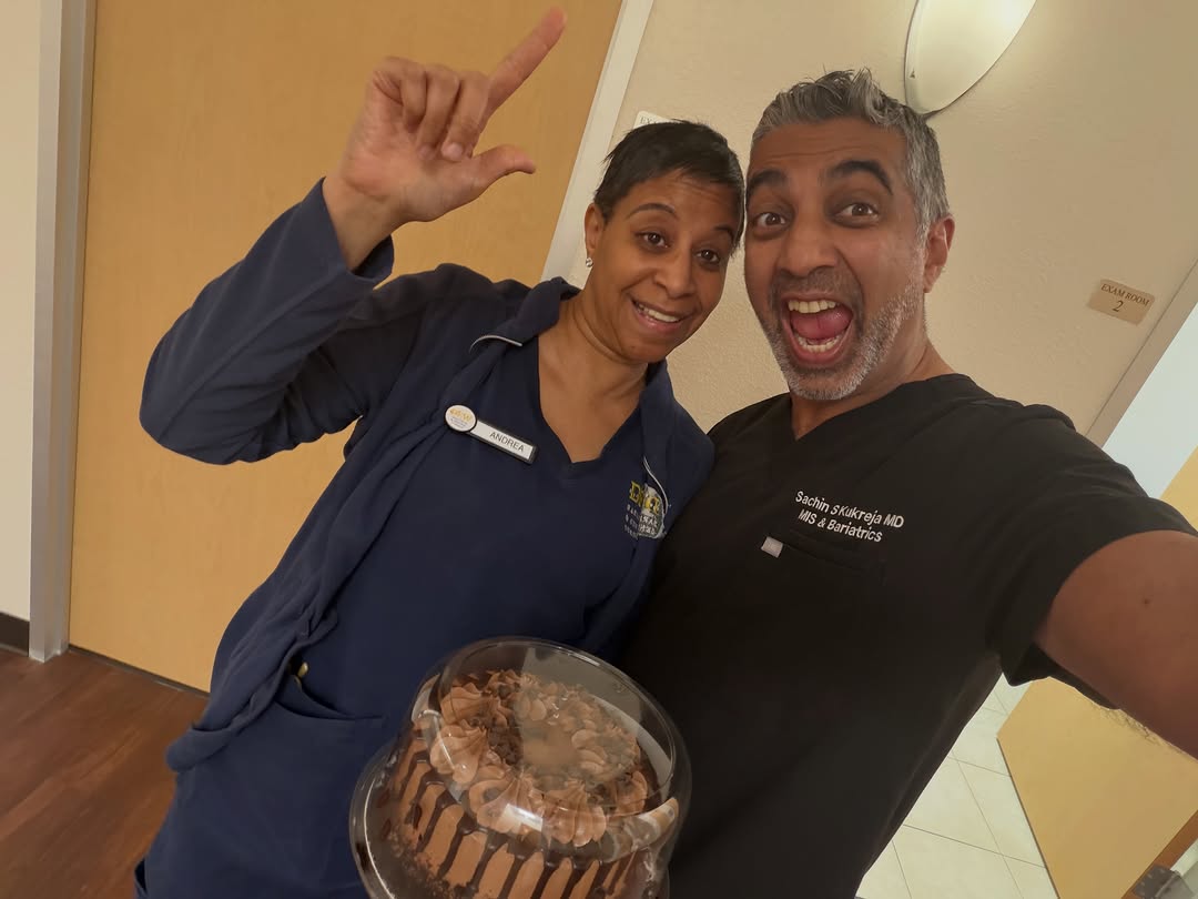 Instagram post by Dr. Sachin Kukreja: A little belated, but we couldn’t let Andrea’s birthday pass without celebrating her! 🎂 She’s been an incredible part of the DFW Bariatrics…