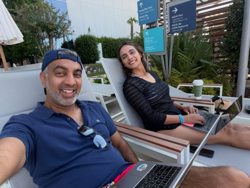 Instagram post by Dr. Sachin Kukreja: People ask how we balance running a business with actually living life. Honestly? Some days it looks like this — my wife and me, poolside, h…