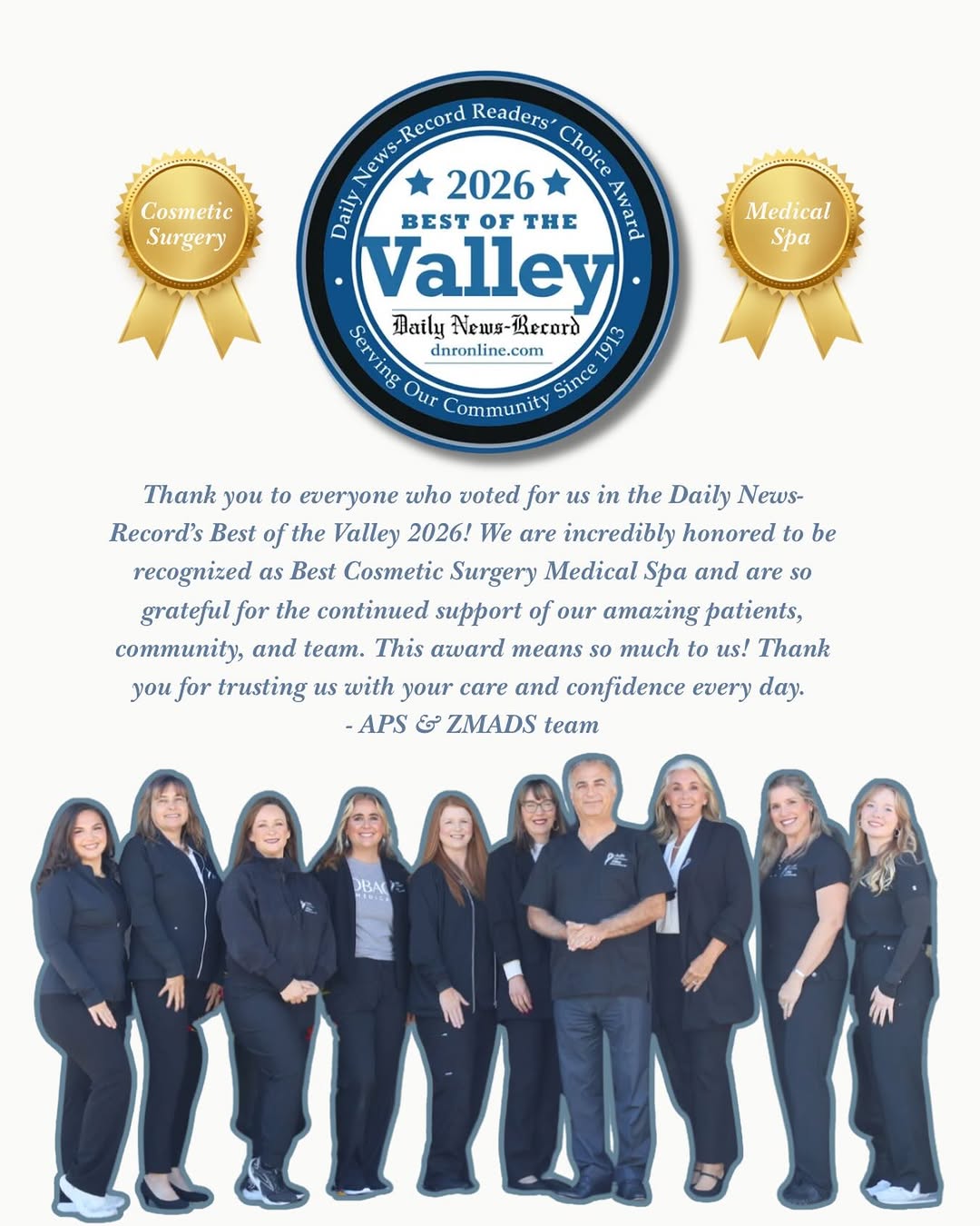 Instagram post by Dr. Saied Asfa: We are so grateful to this incredible community for voting us GOLD for Cosmetic Surgery and MedSpa in the DNR Best of the Valley! 🤍🥇 These…