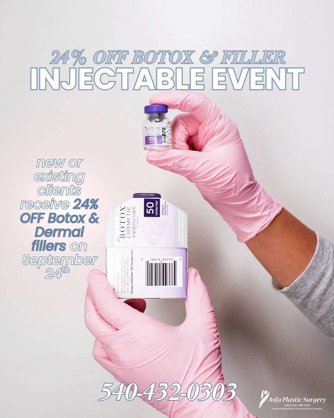Instagram post by Dr. Saied Asfa: Our Injectable Event is almost here! 💋💉 One of our BIGGEST injectable specials is happening September 24th.. 24% OFF Botox + dermal filler…