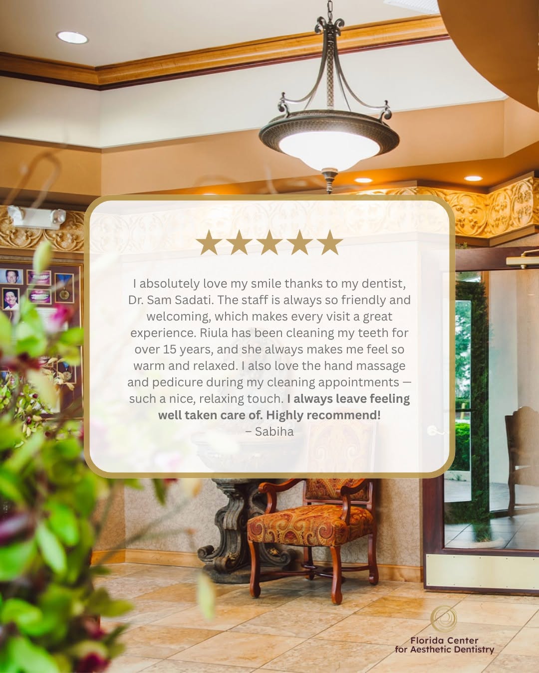 Instagram post by Dr. Sam S. Sadati: We're so glad to be able to make our patients feel cared for! 😊🤍 Thank you so much for your kind words and for your loyalty, Sabiha! ⭐️⭐️⭐…