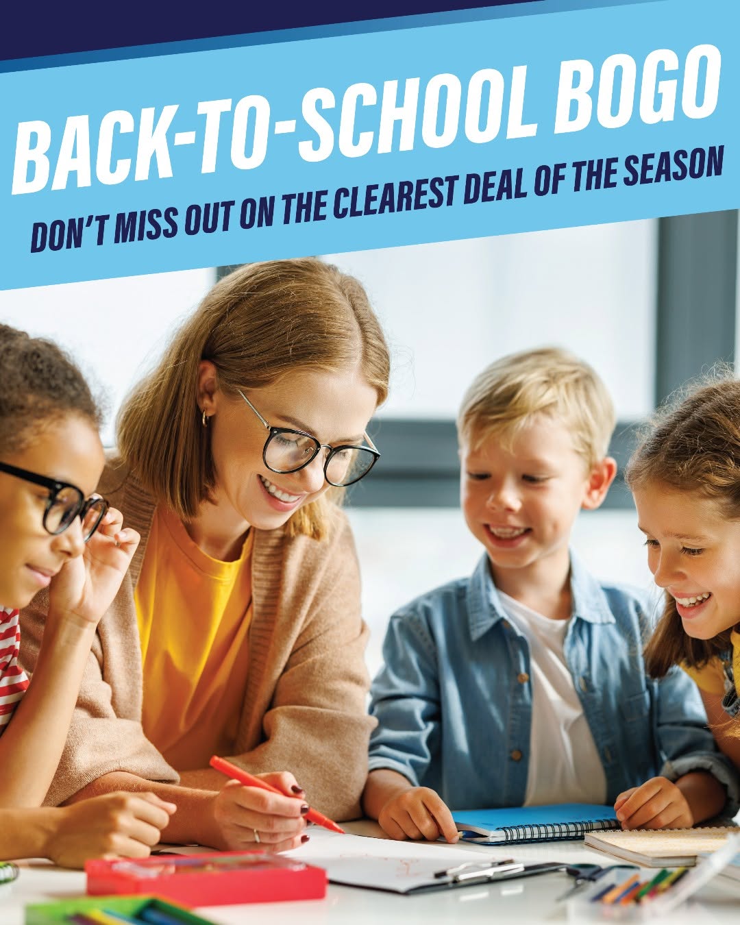 Instagram post by Dr. Samuel Baharestani: 📚👓 Back-to-School means it's time for a fresh look—and even bigger savings! Now through October 15, take advantage of our Buy One, Get One…