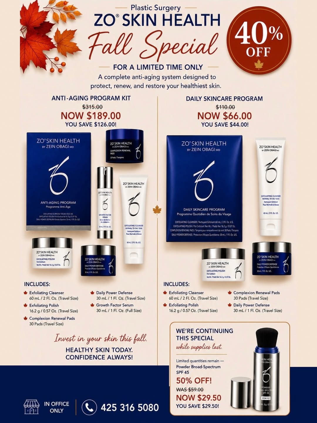 Instagram post by Dr. Samuel Lien: 🍂 Fall into healthier, more radiant skin with Washington Plastic Surgery! 🍁 For a limited time, enjoy 40% OFF select ZO® Skin Health progr…