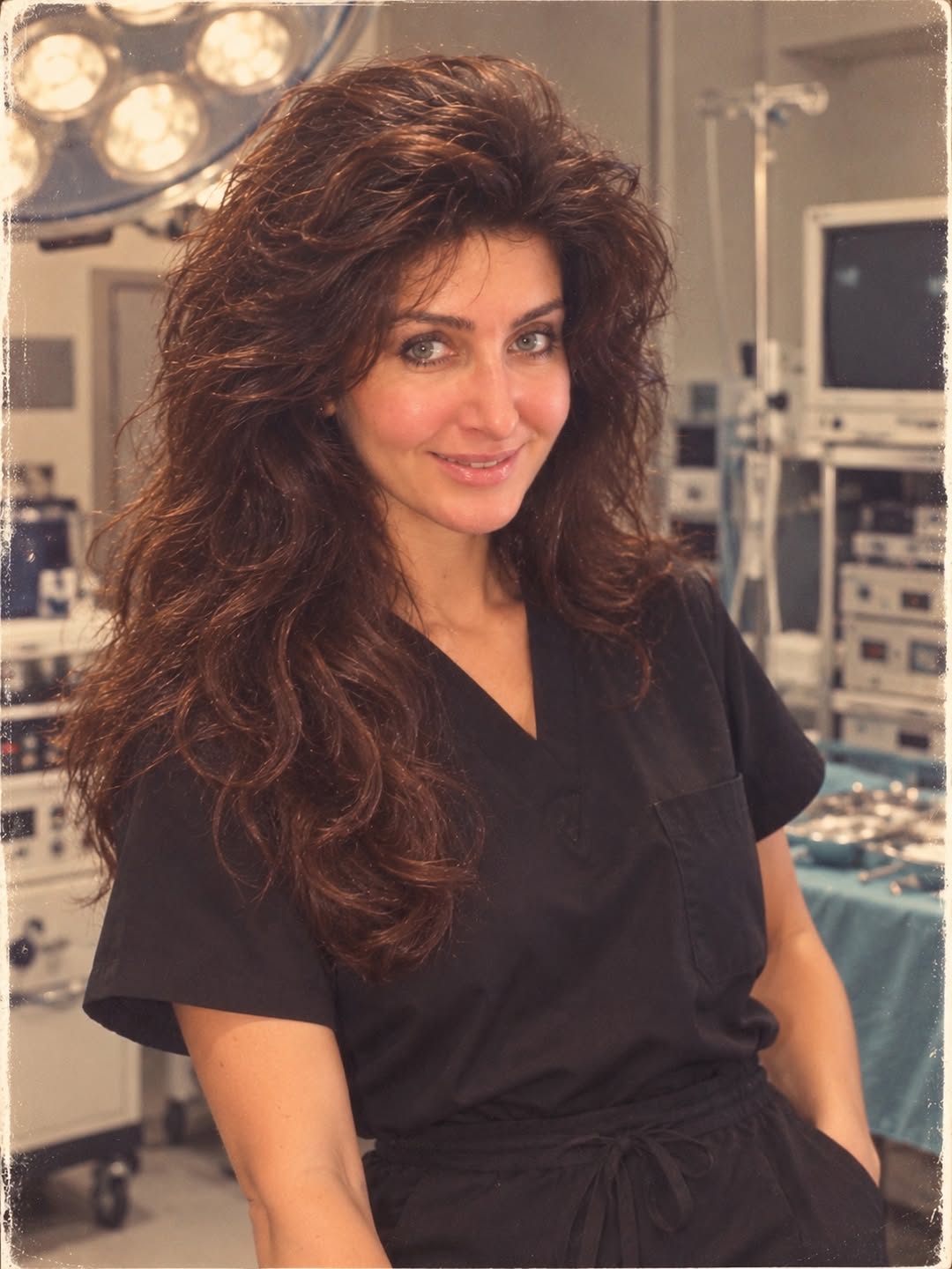 Instagram post by Dr. Sara Yegiyants: Kind of here for the big hair. 💇♀️ If I were a surgeon in the 80s. (ChatGPT's work, not my hairdresser's.) #1980strend #80sAesthetic #Wome…
