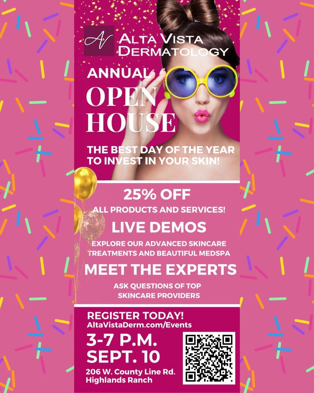 Instagram post by Dr. Sarolta Szabo: 🎉 We’re SO excited to be popping up at Alta Vista Dermatology’s Annual Open House! 🎉 Come hang out with us on September 10th from 3–7 PM a…