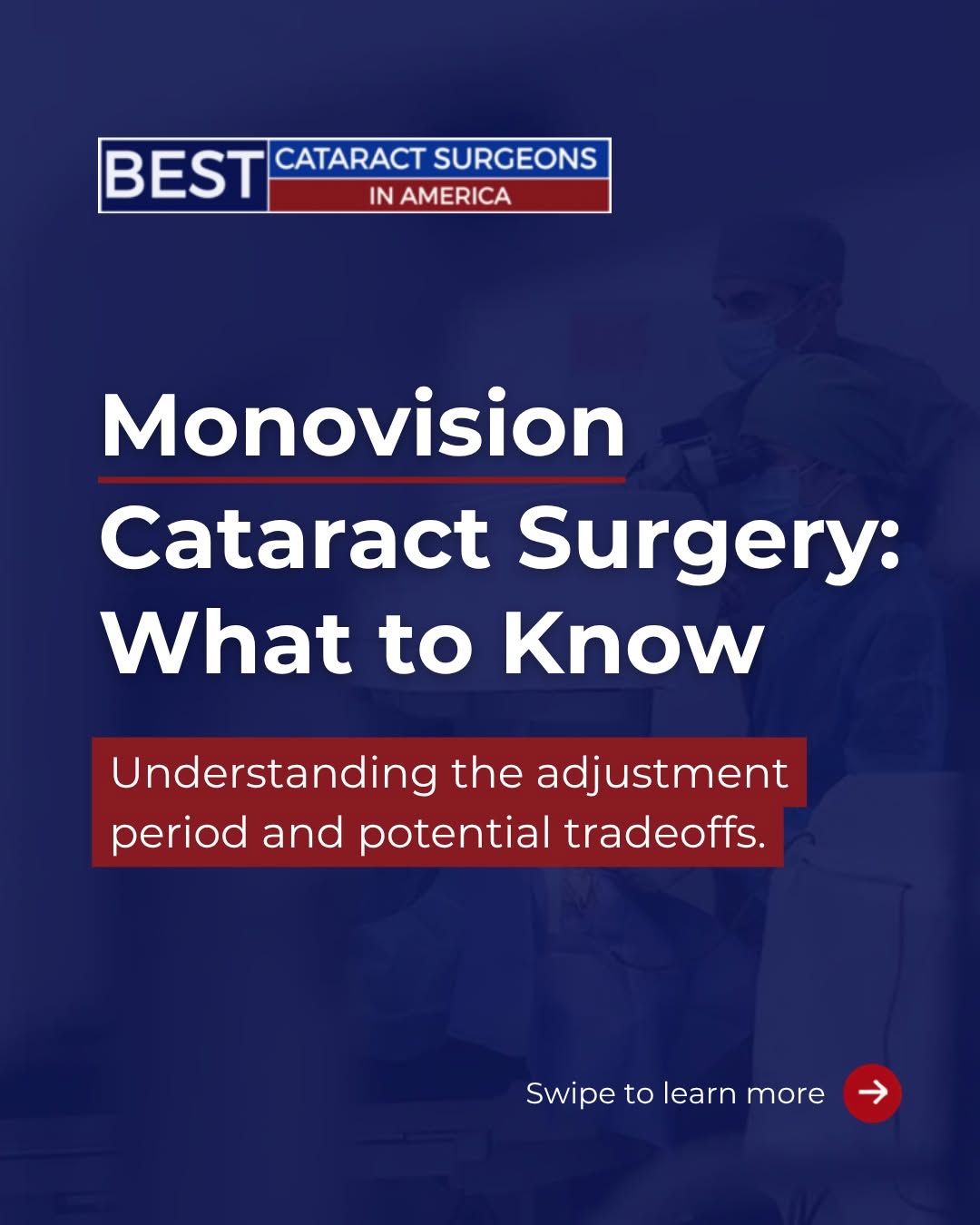 Instagram post by Dr. Satish Modi: Monovision can reduce dependence on glasses after cataract surgery, but it comes with an adjustment period. Swipe through for the key tradeo…