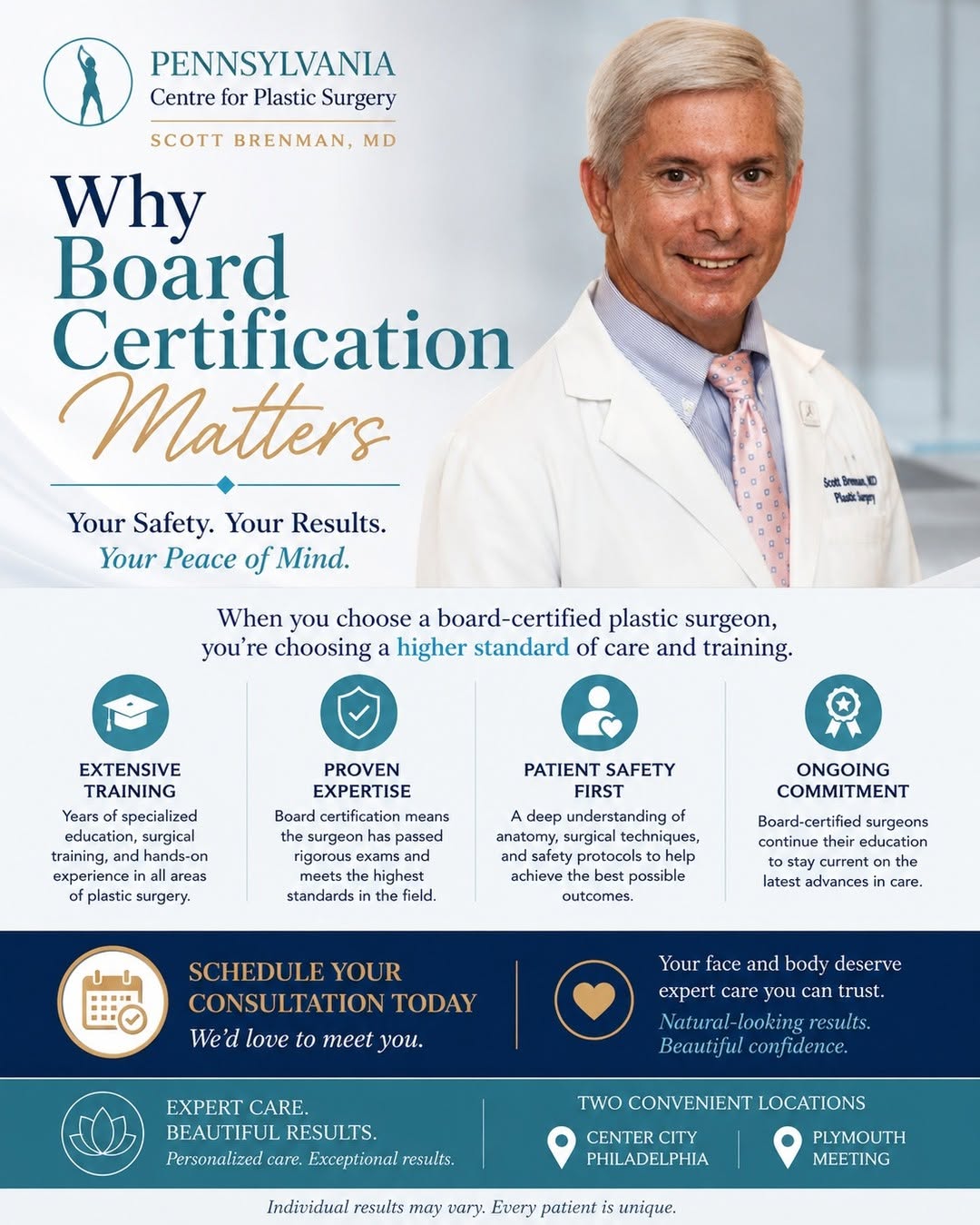Instagram post by Dr. Scott A. Brenman: When considering plastic surgery, your choice of surgeon is one of the most important decisions you'll make. A board-certified plastic surge…