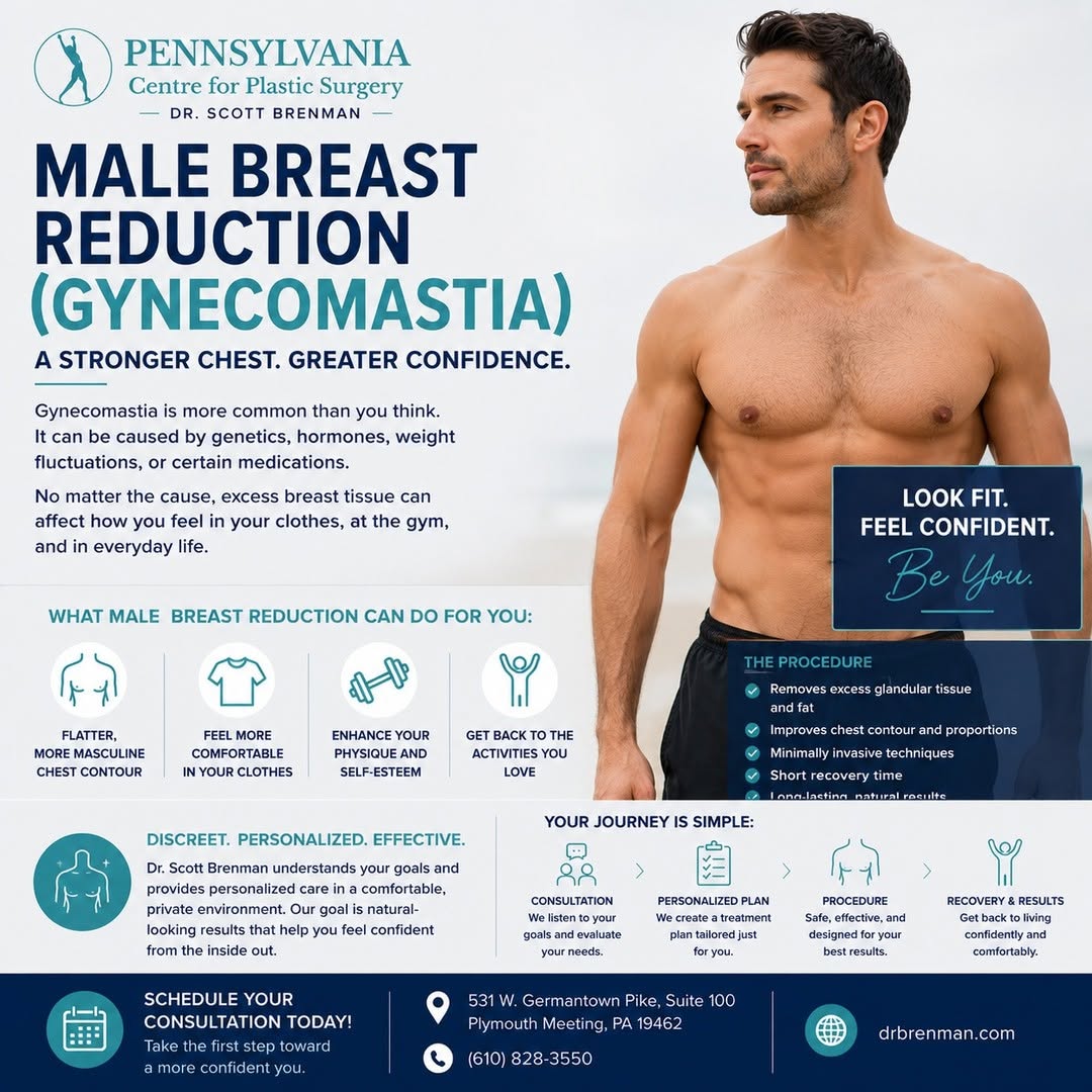 Instagram post by Dr. Scott A. Brenman: 💙 Feel More Confident in Your Own Skin Gynecomastia, commonly known as enlarged male breast tissue, affects millions of men. If you've ever…