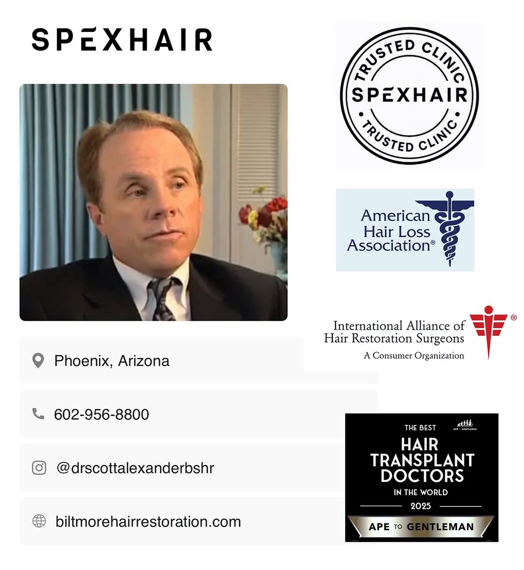 Instagram post by Dr. Scott F. Alexander: Your trust matters. That’s why Dr. Scott Alexander is proud to be recognized by leading organisations like the American Hair Loss Associatio…