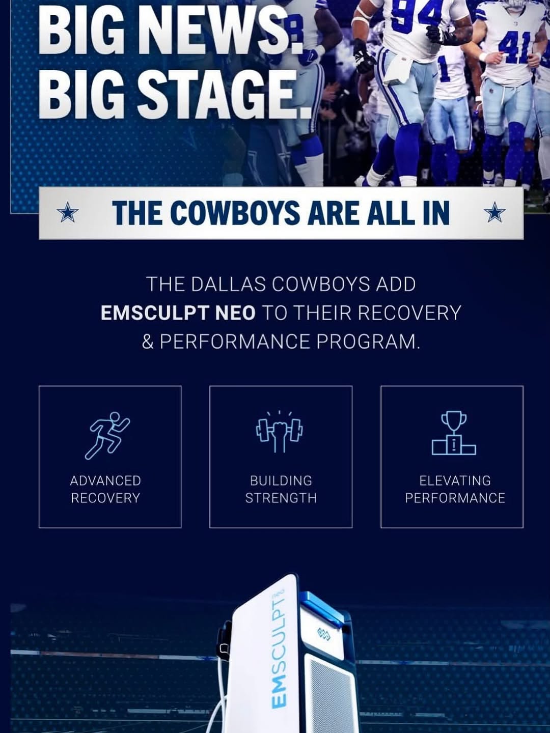 Instagram post by Dr. Scott Hernberg, DO: 🏈 Big news for EMSCULPT NEO®! The Dallas Cowboys are adding EMSCULPT NEO® to support player performance and recovery—another example of how…