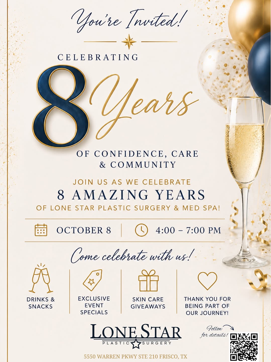 Instagram post by Dr. Sean Hill: 🎉 SAVE THE DATE — OCTOBER 8! 🎉 Lone Star Plastic Surgery is turning 8, and we’re celebrating with YOU! 🥂✨ Join us for our 8th Anniversary…