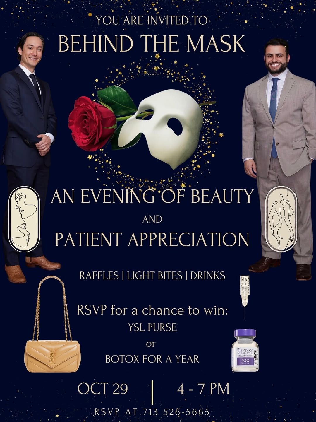 Instagram post by Dr. Sean W. Delaney: You’re invited! ✨ Join Dr. Sean Delaney, Dr. John Hamati, and our team for Behind the Mask—an evening of beauty and patient appreciation. En…