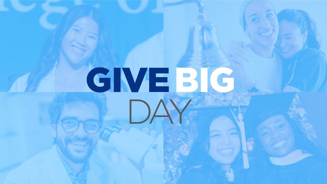 Four images of smiling individuals are in a blue overlay background with a bell in the center. Text reads "GIVE BIG DAY."