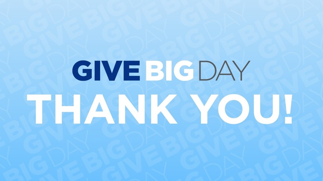Blue graphic with the text "GIVE BIG DAY THANK YOU!" prominently displayed. The background includes a repeated pattern of the words "GIVE BIG DAY.