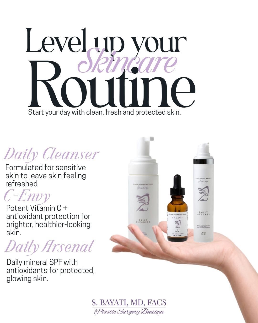 Instagram post by Dr. Semira Bayati: Your everyday essentials for healthy, glowing skin. ✨ Start fresh with our Daily Cleanser, brighten and defend with antioxidant-rich C-Envy,…