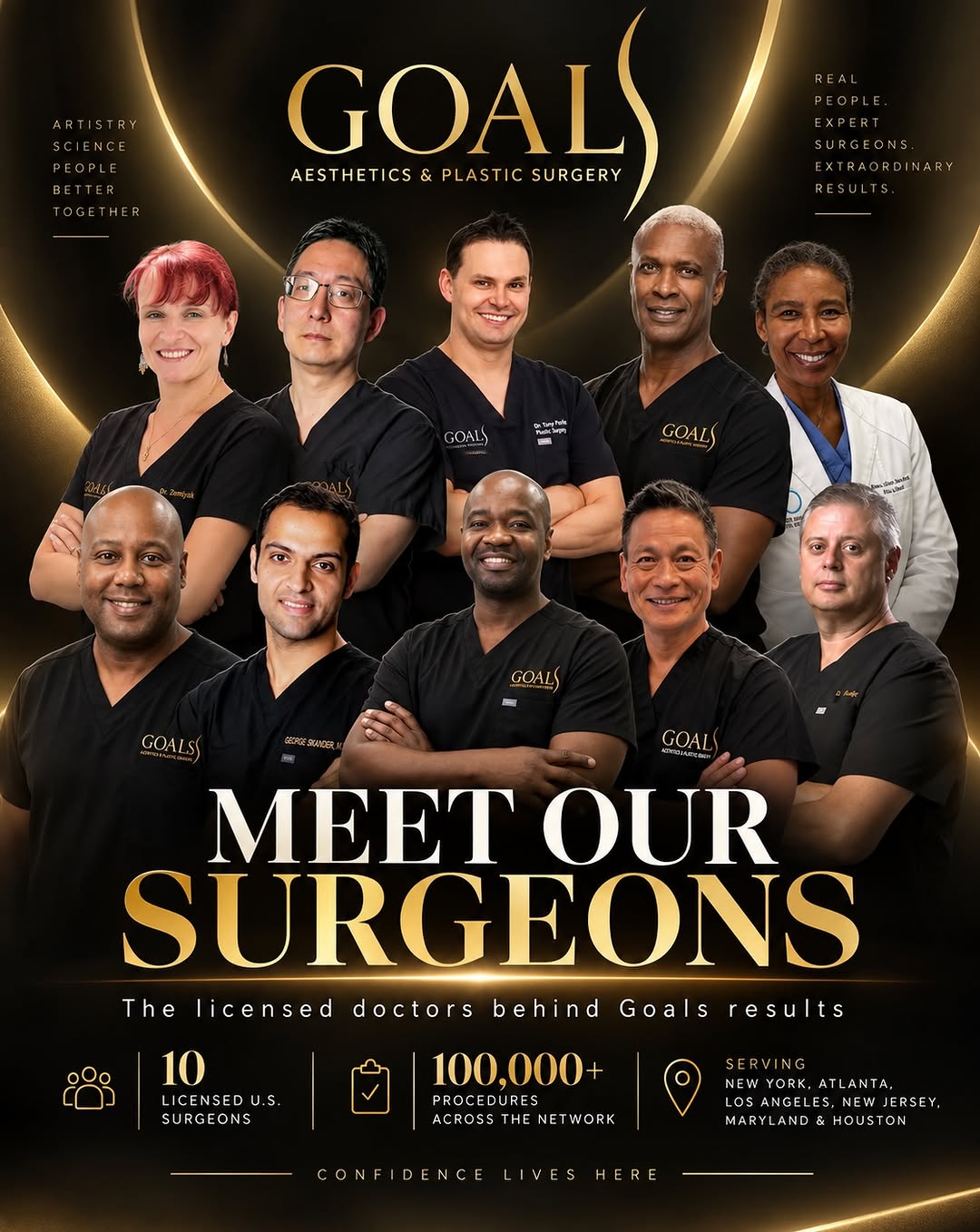 Instagram post by Dr. Sergey Voskin: MEET THE SURGEONS BEHIND GOALS. ✨ Different cities. Different backgrounds. Decades of combined experience. One GOALS network built around gi…