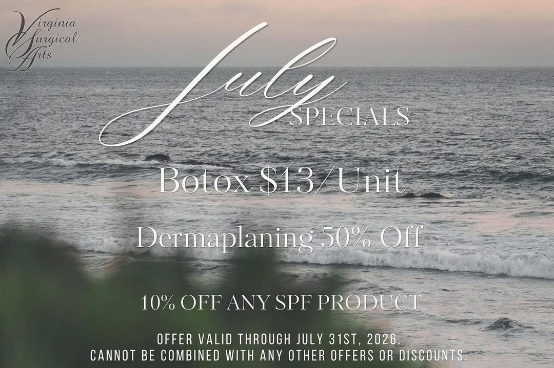 Instagram post by Dr. Sergio Vendetti: July specials are here!!☀️⛱️ Call or text at 757-430-7690 ✨✨✨ #cosmetic #vabeach #virginiabeach #skincare virginiasurgicalarts