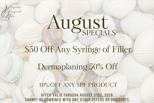 Instagram post by Dr. Sergio Vendetti: August Specials are here! ☀️ Call or text at 757-430-7690 ✨✨✨ #cosmetic #vabeach #virginiabeach #skincare #virginiasurgicalarts