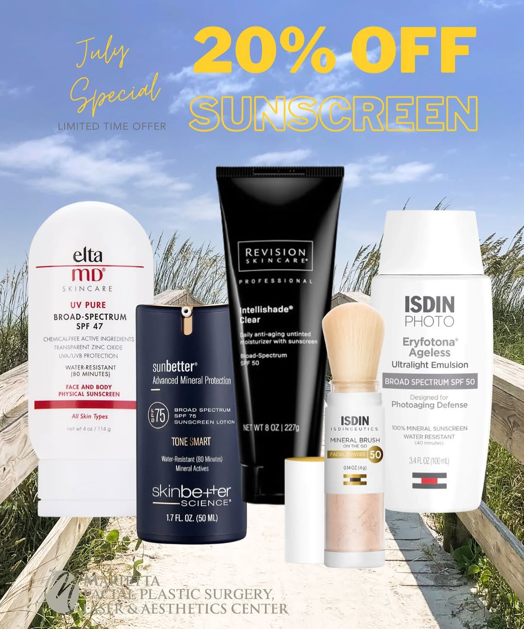 Instagram post by Dr. Seth A. Yellin: ☀️ July Special: 20% OFF Sunscreen ☀️ Healthy, beautiful skin starts with daily sun protection. Throughout the month of July, enjoy 20% off …