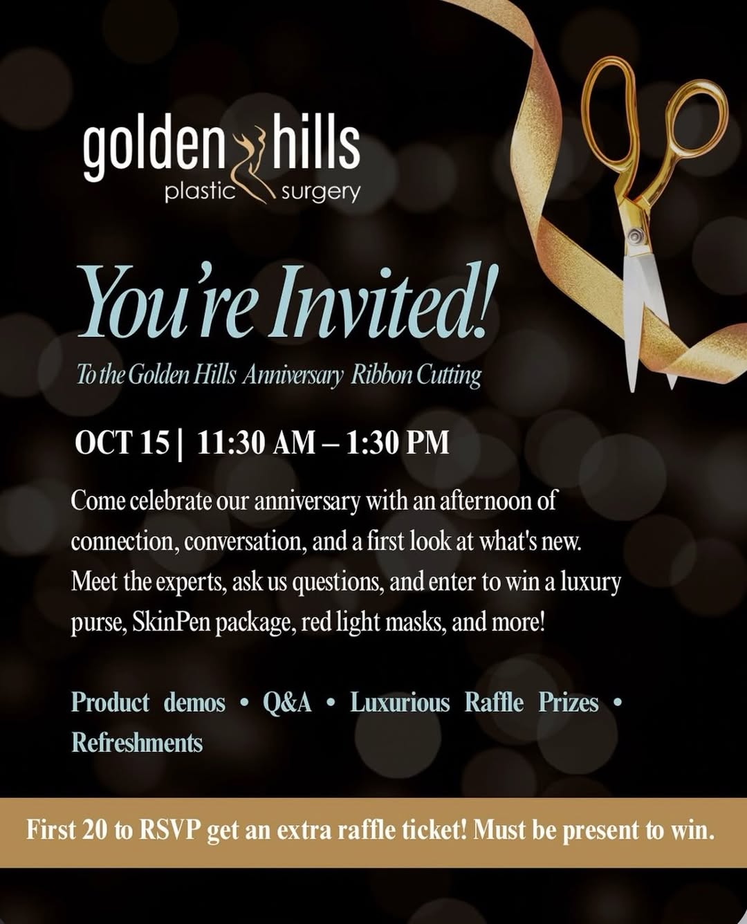 Instagram post by Dr. Seth Eberlin: 🎉You’re Invited to Celebrate With Us! 🎉 Join us as we celebrate another amazing year at Golden Hills Plastic Surgery with a special Annive…