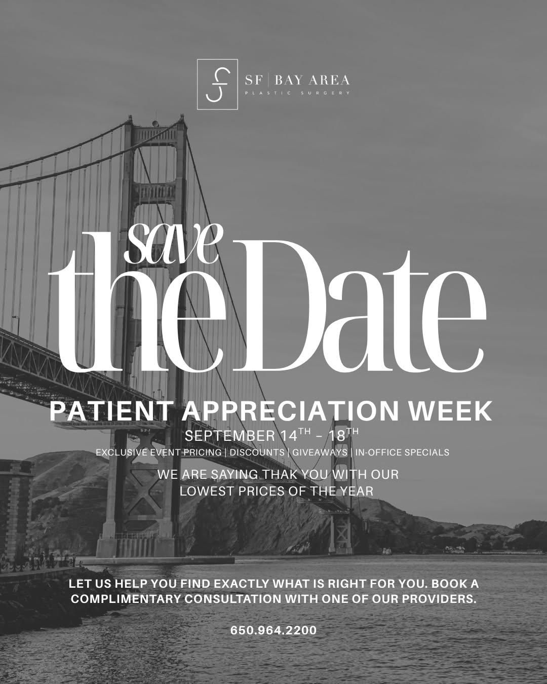 Instagram post by Dr. Shahin Fazilat: We have been planning this for months. 👀 Patient Appreciation Week returns to SF Bay Area Plastic Surgery September 14 to 18. Think exclusi…