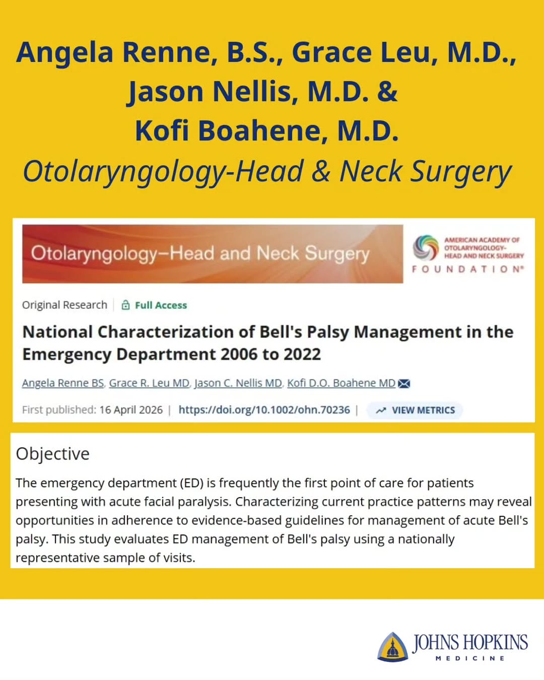 Instagram post by Dr. Shaun C. Desai: How are we managing Bell’s palsy in the ED? A new national study using NHAMCS data (2006–2022) examined ED treatment patterns for acute Bell…