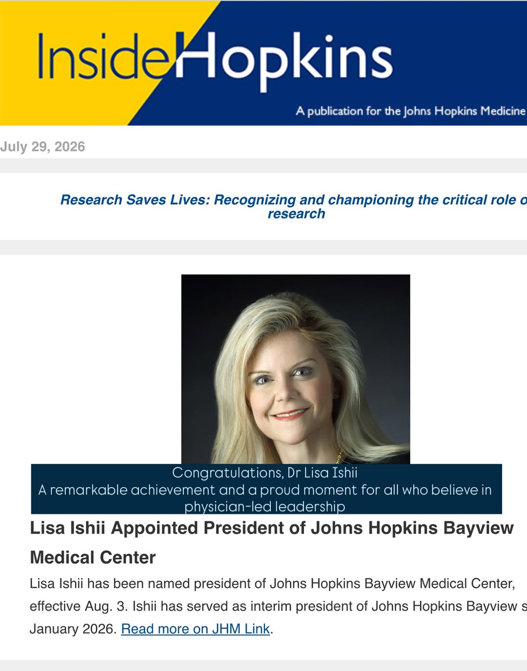 Instagram post by Dr. Shaun C. Desai: Congratulations to Dr. Lisa Ishii on her appointment as President of Johns Hopkins Bayview Medical Center. This moment is especially meaning…