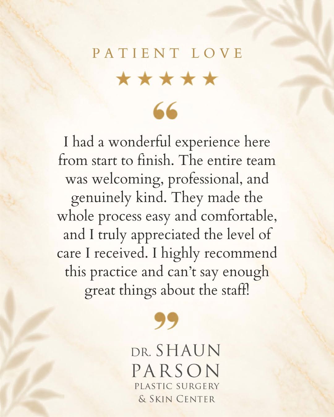 Instagram post by Dr. Shaun Parson: Kind words like these mean so much to our entire team. 🤍 From the moment you walk through our doors, our goal is to make you feel welcomed,…