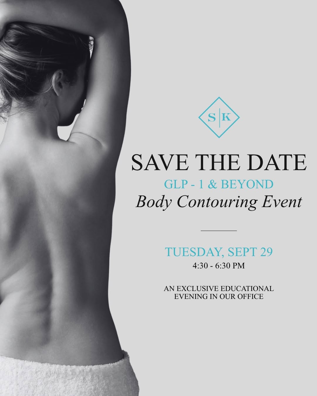 Instagram post by Dr. Sheena Kong: Kicking off September with some exciting news. ✨ Join us on Tuesday, September 29 from 4:30–6:30 PM for our GLP-1 & Beyond Body Contouring E…