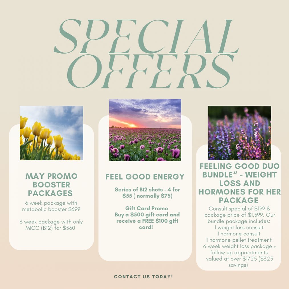 Instagram post by Dr. Sheila Hughes: OUR MAY PROMOS ARE HERE! May Promo Booster Packages - 6 week program with metabolic booster $699 6 week program with MICC(B12) ONLY $560 FEE…