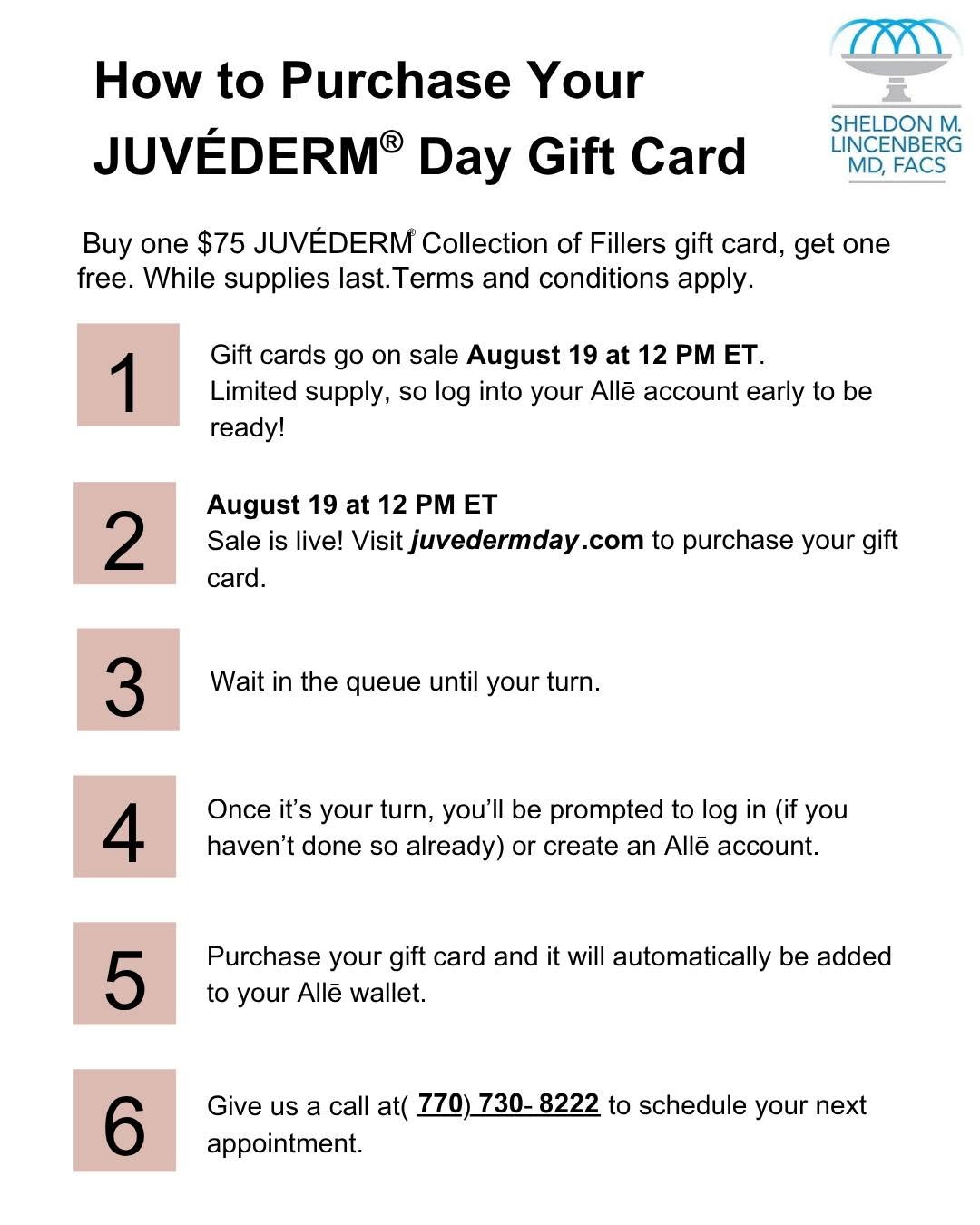 Instagram post by Dr. Sheldon Lincenberg: ✨ IT’S JUVÉDERM DAY! ✨ Don’t forget to grab your Juvéderm gift cards starting at 12 noon today! Whether you’re planning your next treatment …