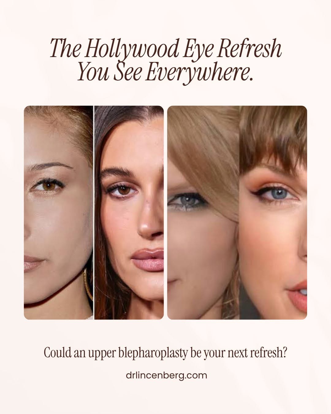 Instagram post by Dr. Sheldon Lincenberg: Is upper blepharoplasty the new Hollywood secret to looking younger? The eyes are often one of the first places to show signs of aging—and s…