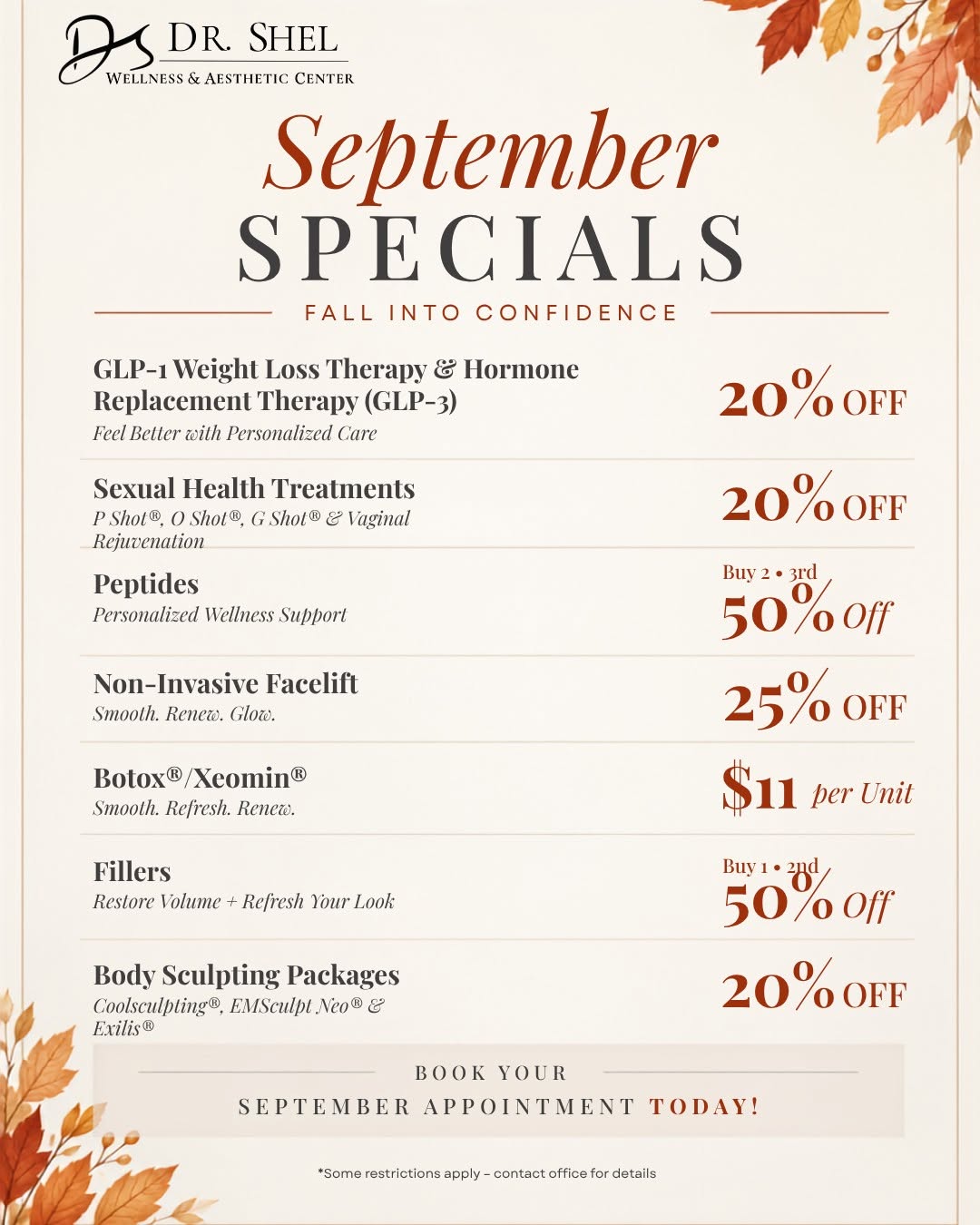 Instagram post by Dr. Shelena Lalji: 🍂 Fall into confidence with our September Specials! 🍂 ✨ GLP-1 Weight Loss Therapy & Hormone Replacement Therapy (GLP-3) — 20% off ✨ Sexual…