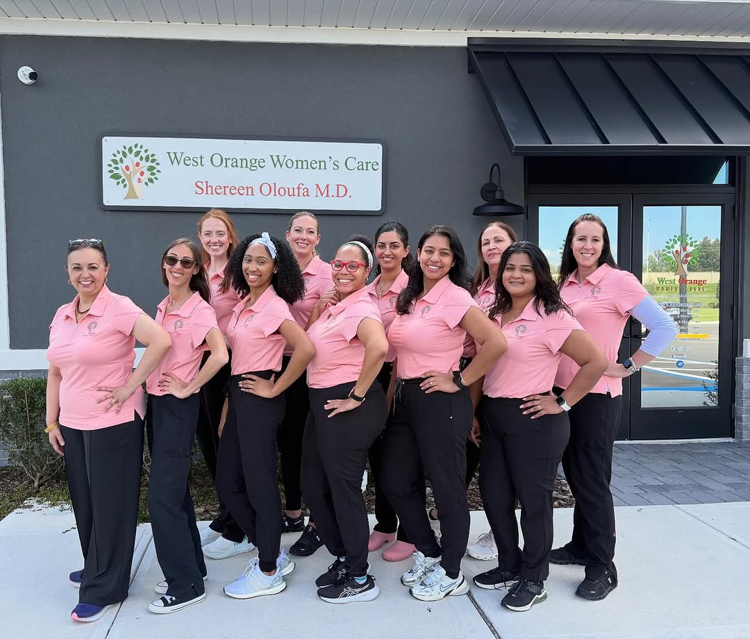 Instagram post by Dr. Shereen Oloufa: On Wednesdays we wear pink 💕🎀 #breastcancerawarenessmonth #obgyn #wintergarden