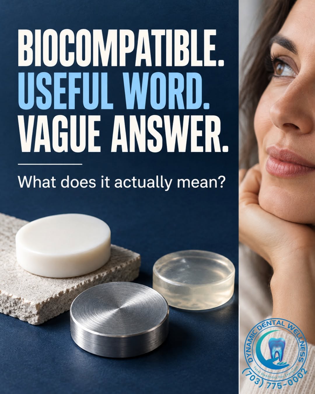 Instagram post by Dr. Sheri Salartash: “Biocompatible” sounds reassuring. It also sounds a little vague… because compatible with whom? Used where? And for what kind of treatment? …