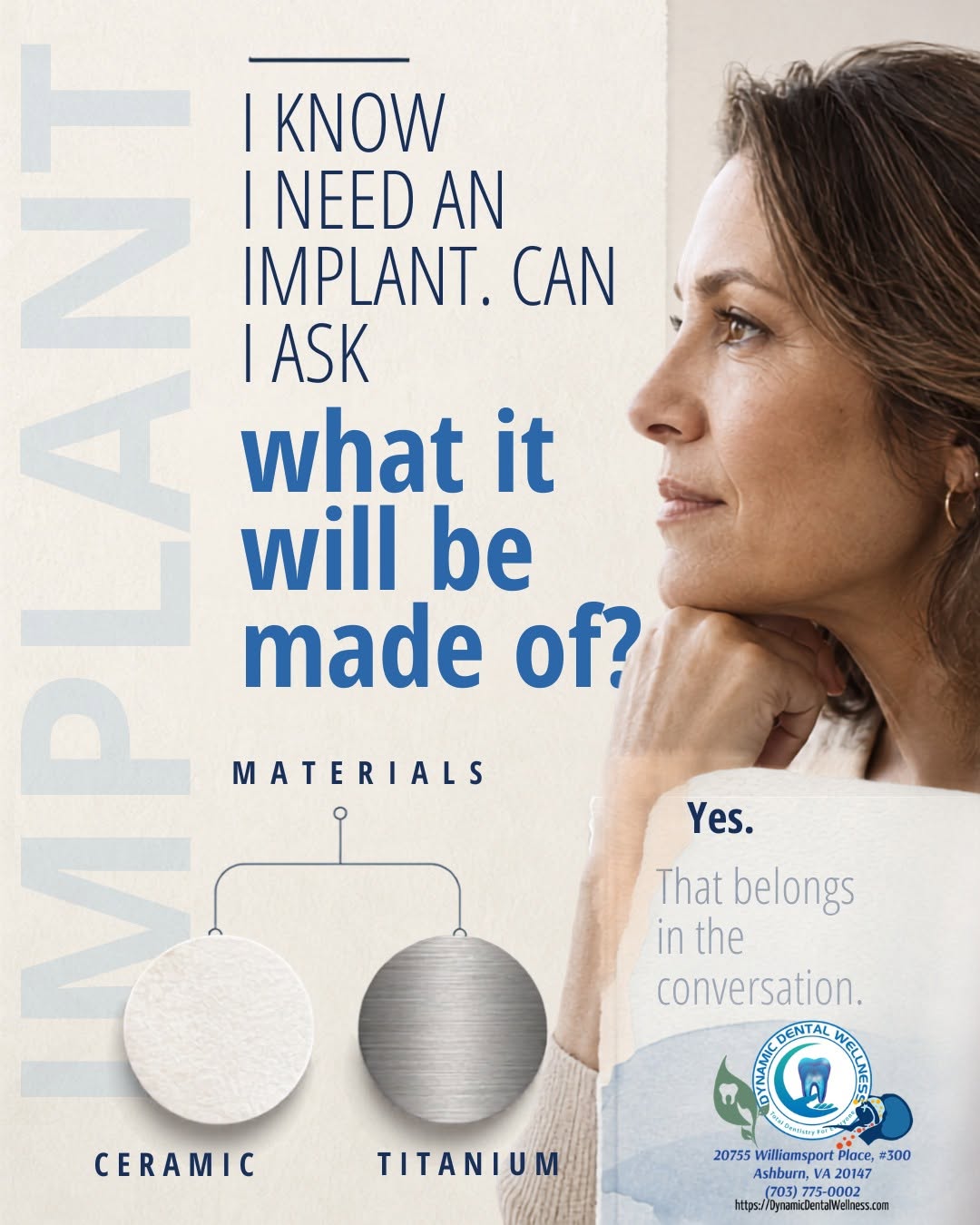 Instagram post by Dr. Sheri Salartash: “I know I need a dental implant… but can I ask what it will be made of?” Absolutely. Dental implants are commonly made from titanium, while …