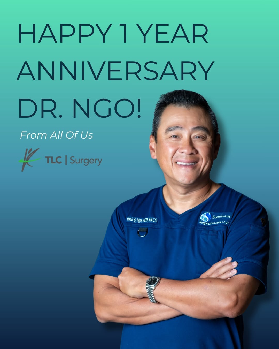 Instagram post by Dr. Sherman C. Yu: Today we are celebrating a major milestone, Dr. Rick Ngo’s one year anniversary with the TLCSurgery team! In just twelve months, Dr. Ngo has…