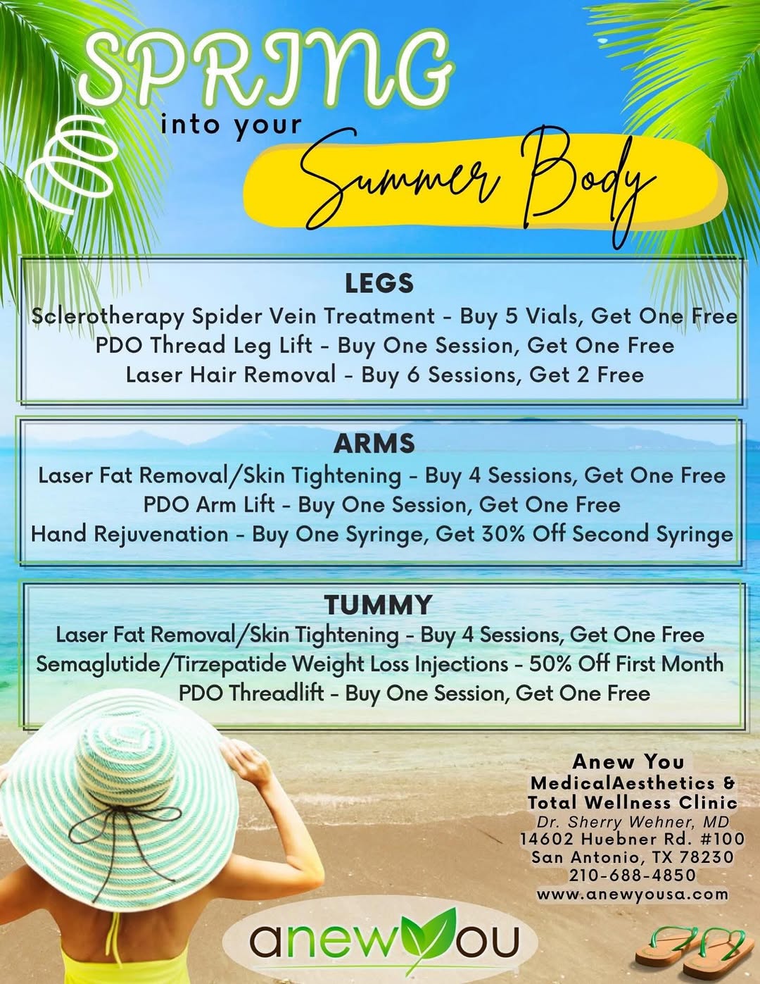 Instagram post by Dr. Sherry Wehner: Summer specials are here! Let’s get you on track for your most confident self this summer. ☀️ Questions? Give us a call ☎️ at 210-688-4850