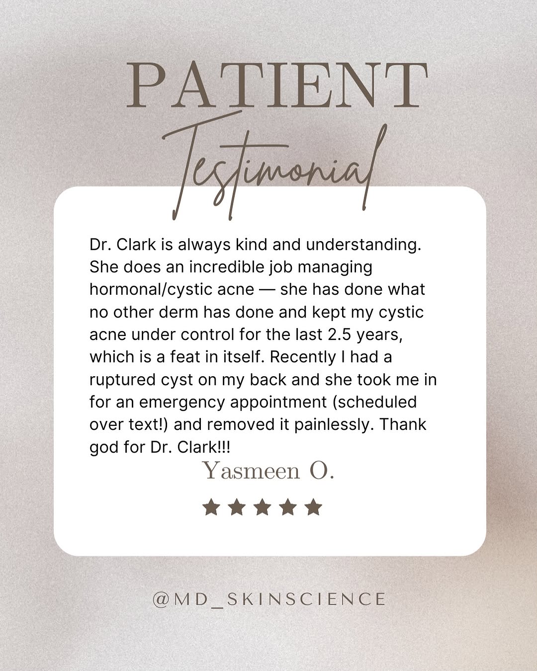 Instagram post by Dr. Sheryl D. Clark: At MD Skin Science, we love patient reviews because they help other prospective patients learn about your experience as well as the quality …
