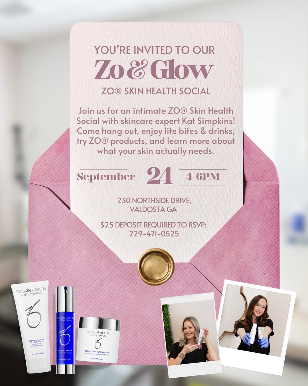 Instagram post by Dr. Sonya Merriman: Come hang out with us! 🤍 We’re spending Thursday, September 24th from 4–6 PM talking all things ZO Skin Health and we’d love for you to joi…