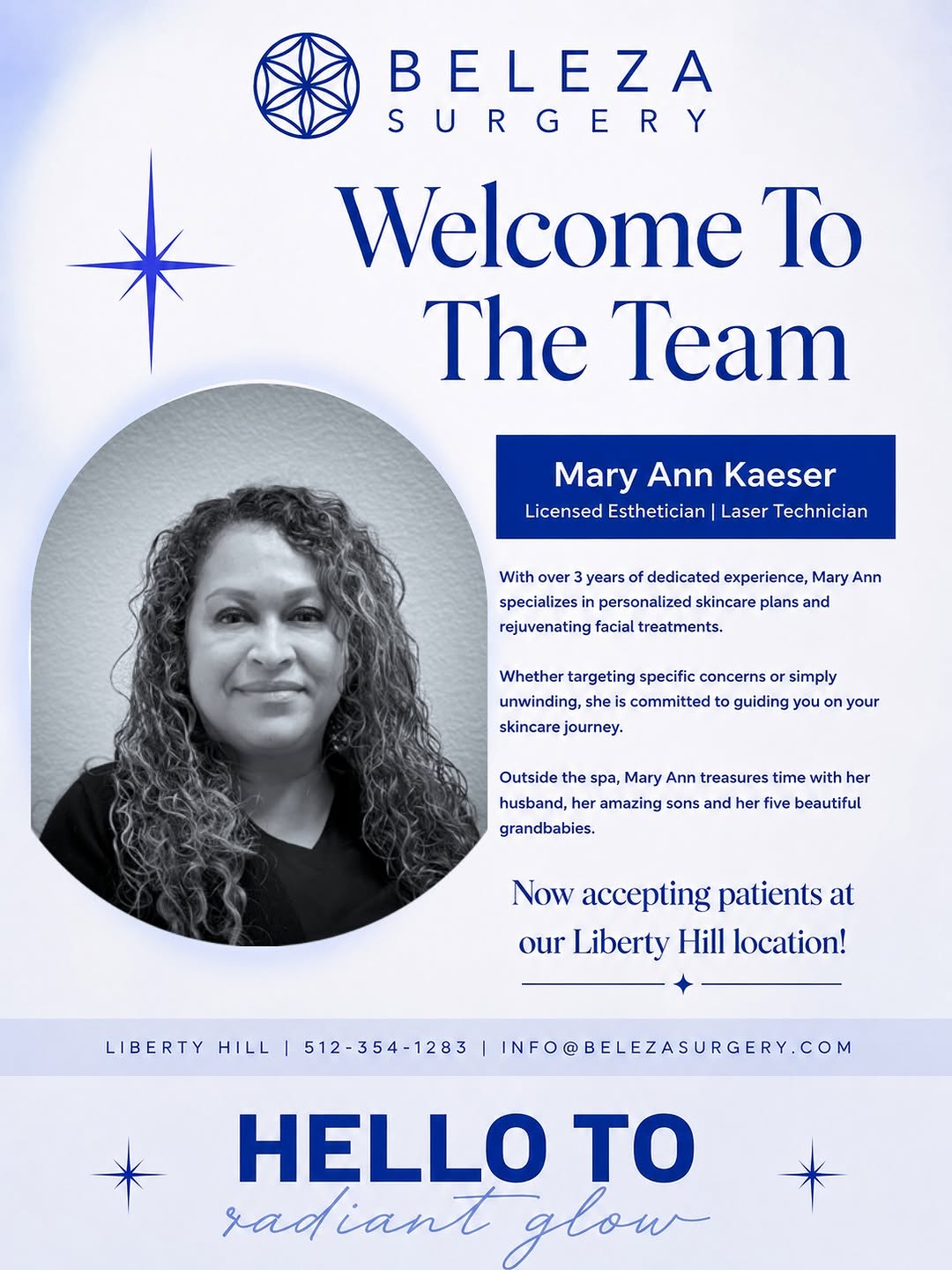 Instagram post by Dr. Staci Hix-Hernandez: ✨ Welcome to the Beleza Surgery Team, Mary Ann Kaeser! ✨ We're excited to welcome Mary Ann Kaeser to the Beleza Surger family! 🤍 Mary Ann i…