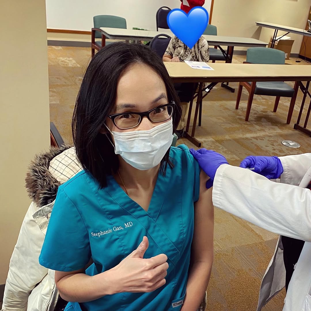 Instagram post by Dr. Stephanie Gan: Feels surreal that this happened today. Very grateful to be vaccinated against COVID19 🦠 ⁣ ⁣ 👩🏻‍🔬Trusting science. ⁣ 💖 Protecting my pa…