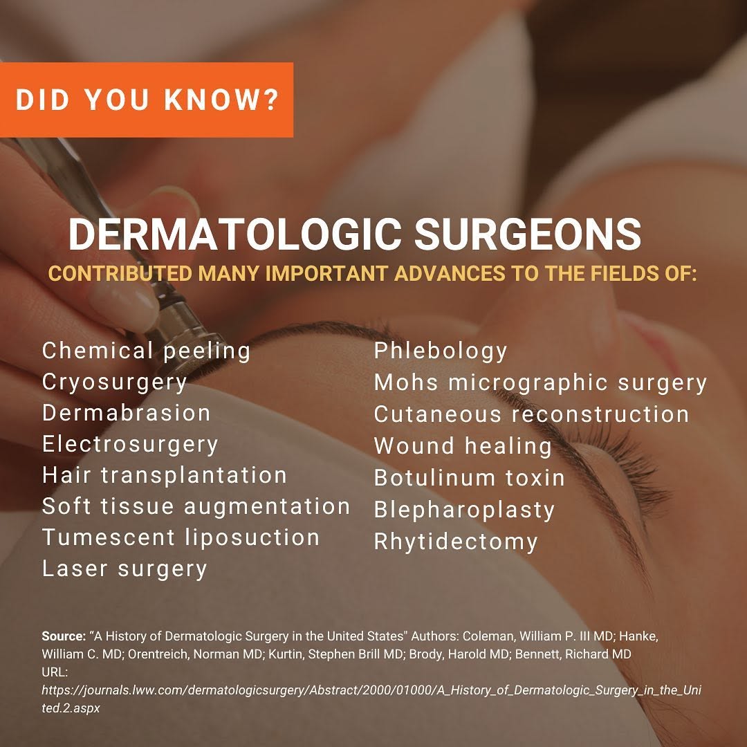 Instagram post by Dr. Stephanie Gan: Did you know? Dermatologic surgeons have advanced the fields of chemical peeling, hair transplantation, blepharoplasty (eyelid lift), laser …