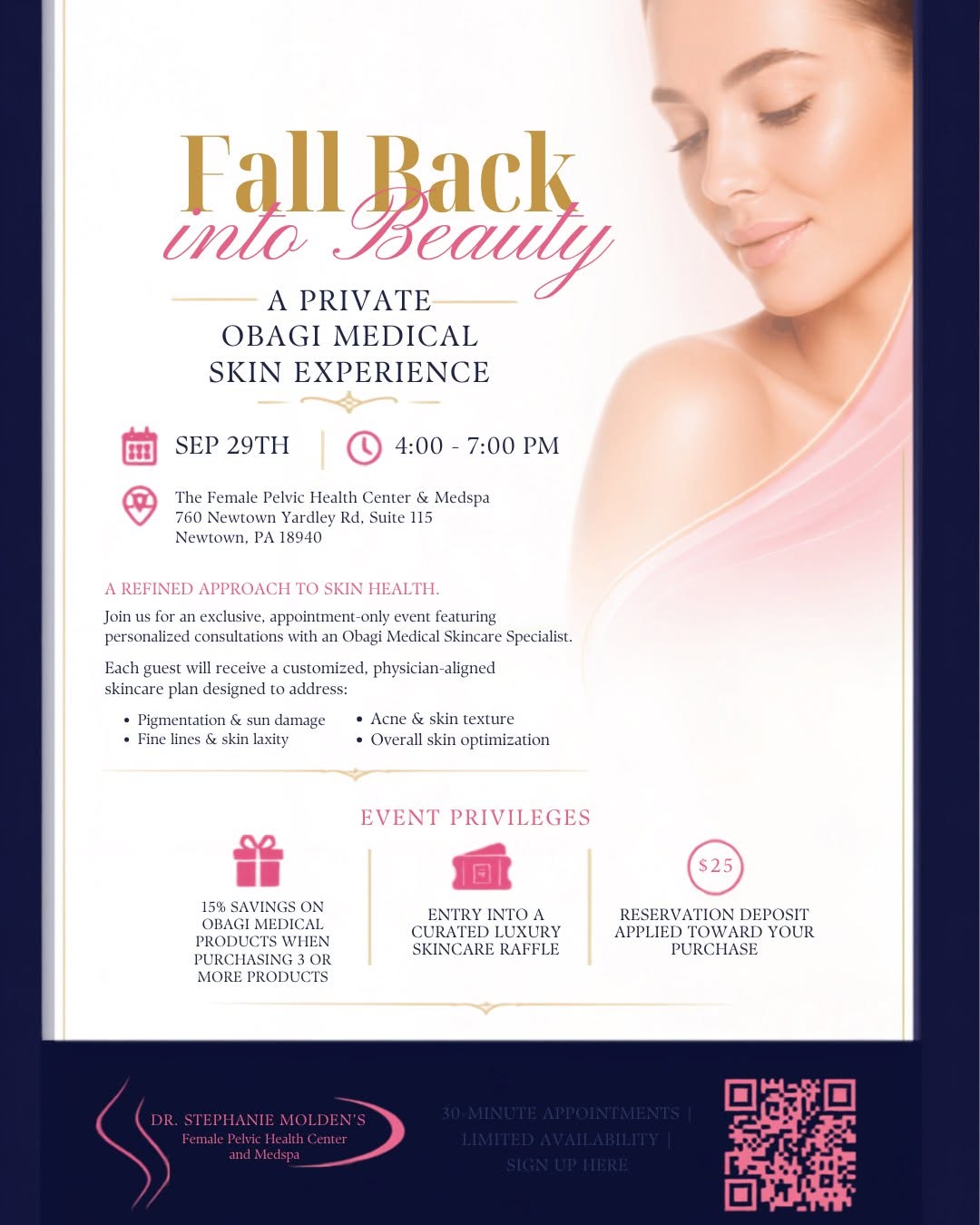 Instagram post by Dr. Stephanie Molden: ✨ Join us September 29th from 4 - 7 PM for an exclusive, appointment-only event featuring personalized consultations with an Obagi Medical S…