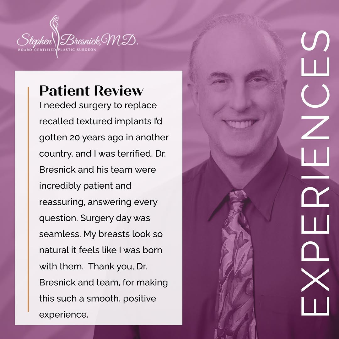 Instagram post by Dr. Stephen Bresnick: Some surgeries are about more than replacing implants. They're about restoring peace of mind. After needing recalled textured implants repla…