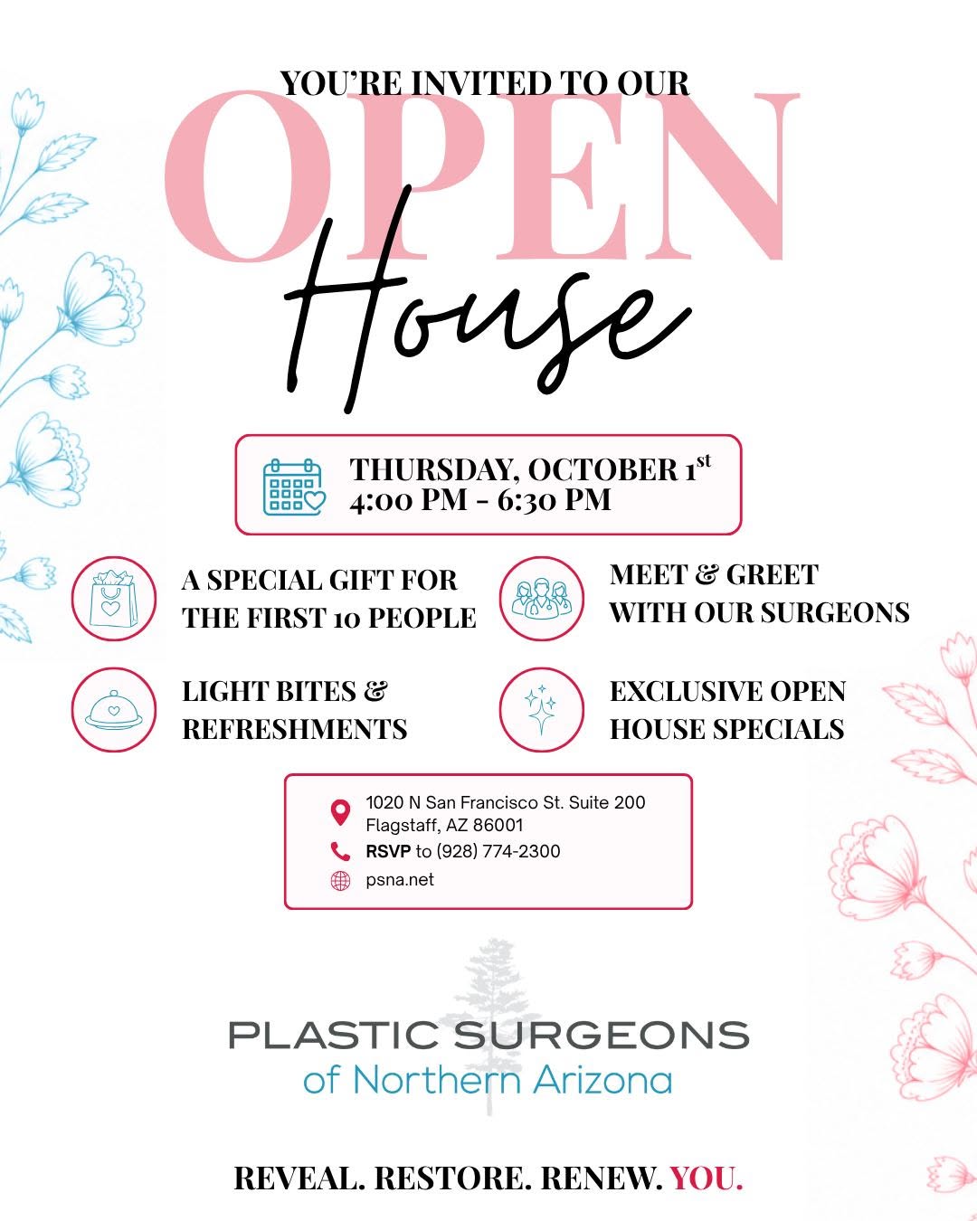 Instagram post by Dr. Stephen F. Lex: You’re invited to the PSNA Open House! ✨ Join us for an evening of beauty, education, and exclusive opportunities at Plastic Surgeons of Nor…