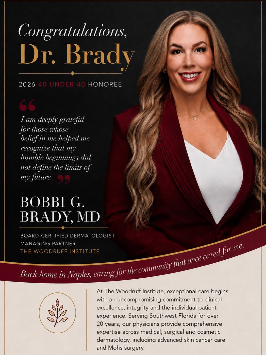 Instagram post by Dr. Stephen H. Ducatman: We are thrilled to celebrate our own Dr. Bobbi G. Brady, who has been recognized in a current Gulfshore Life Publication: Gulfshore Business…